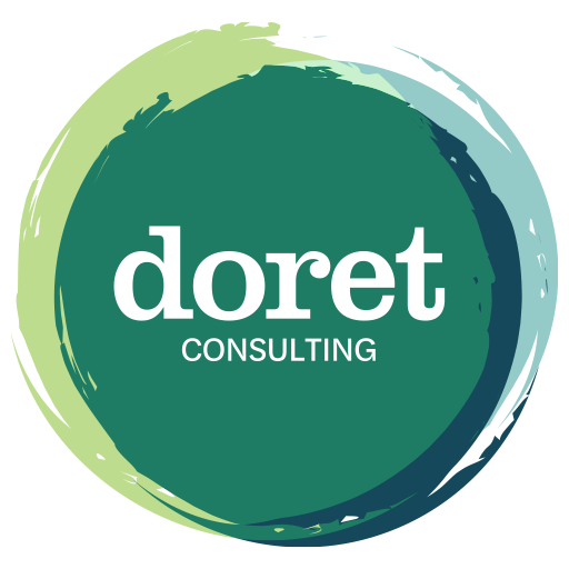 Doret Consulting logo with green and blue circular brush strokes and the text 'doret CONSULTING' in the center.