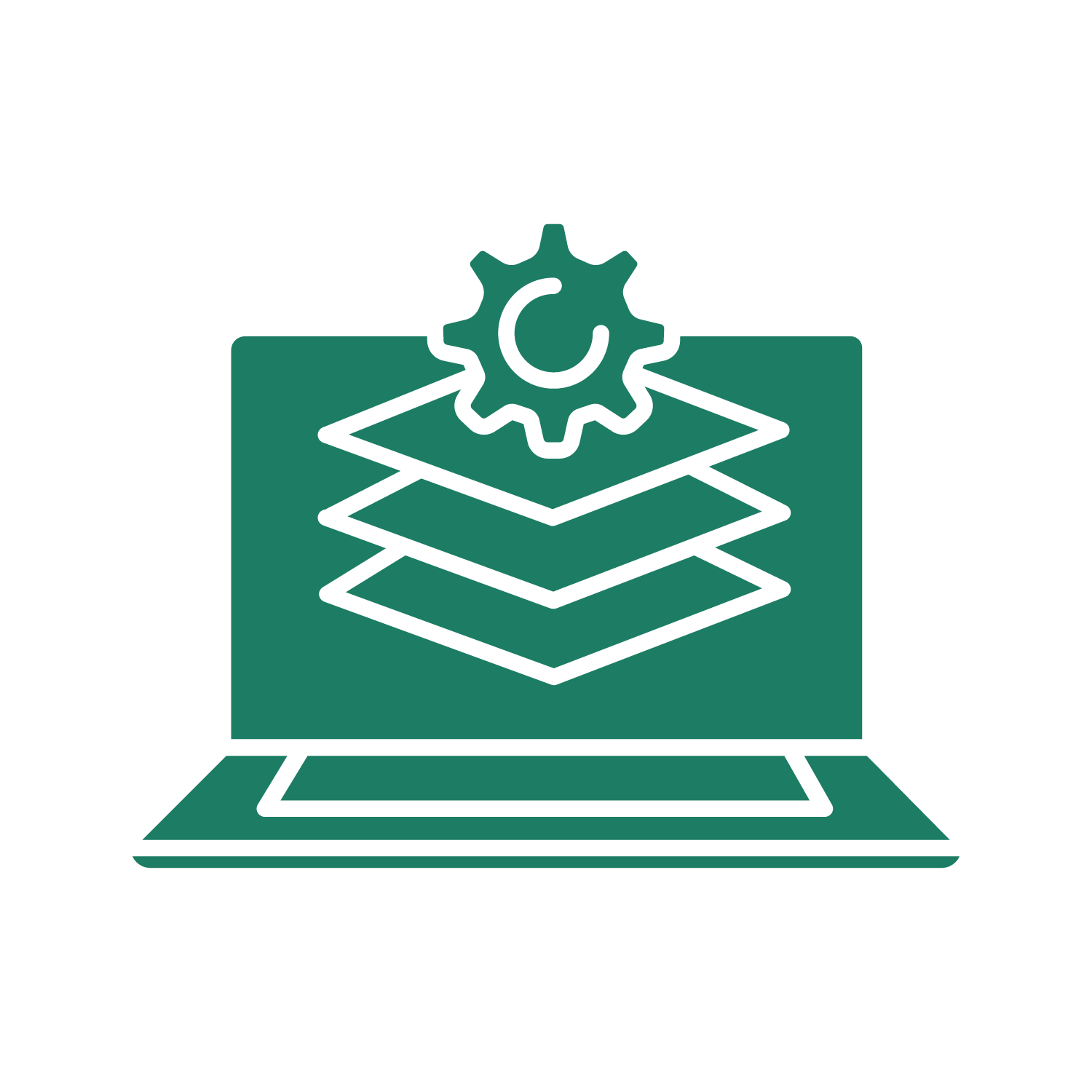 A computer monitor displaying a layered interface with a gear icon on top, symbolizing system settings or configuration.