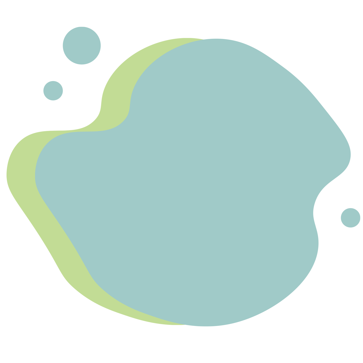 Abstract colorful shapes with rounded edges in shades of green and blue, with small circular accents surrounding the main shape.