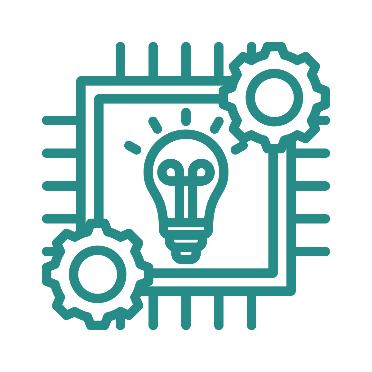 Icon of a computer chip with a lightbulb in the center and two gears, representing innovation and technology.