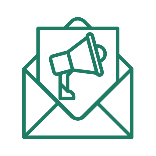 Icon of a megaphone and a clipboard inside an open envelope, representing communication or announcement.