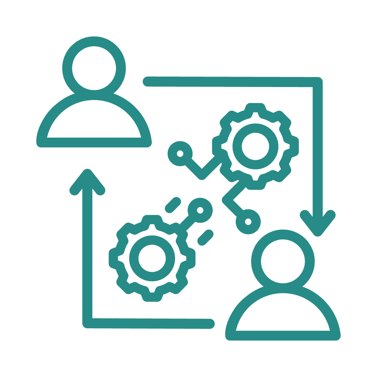 Outline icon of two people connected by gears and arrows, representing connection and collaboration.