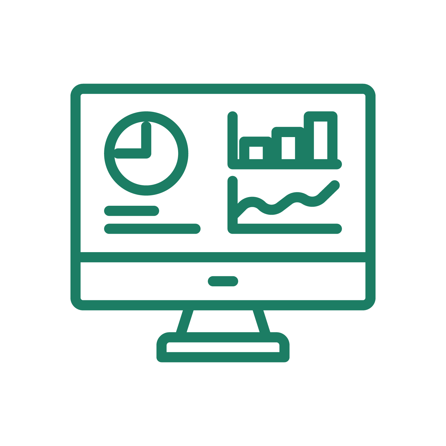 Line drawing of a computer monitor displaying charts and graphs, including a pie chart, bar graph, and line graph.