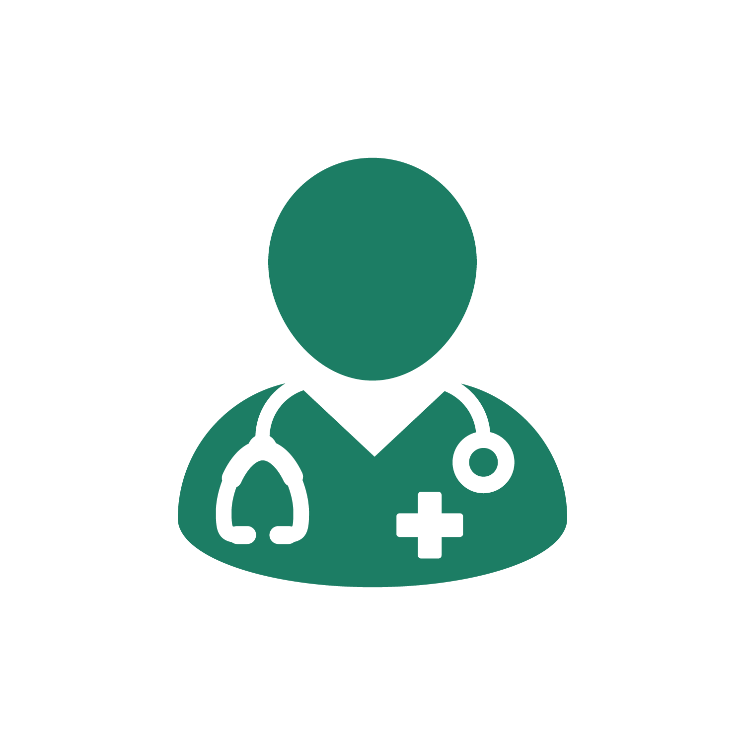 Icon of a healthcare professional with stethoscope, wearing a medical uniform with a cross symbol.