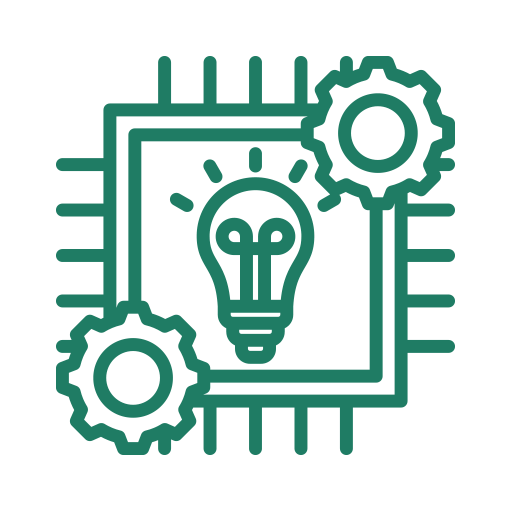 Line drawing of a lightbulb inside a square with two gears connected to the square, representing innovation and technology.