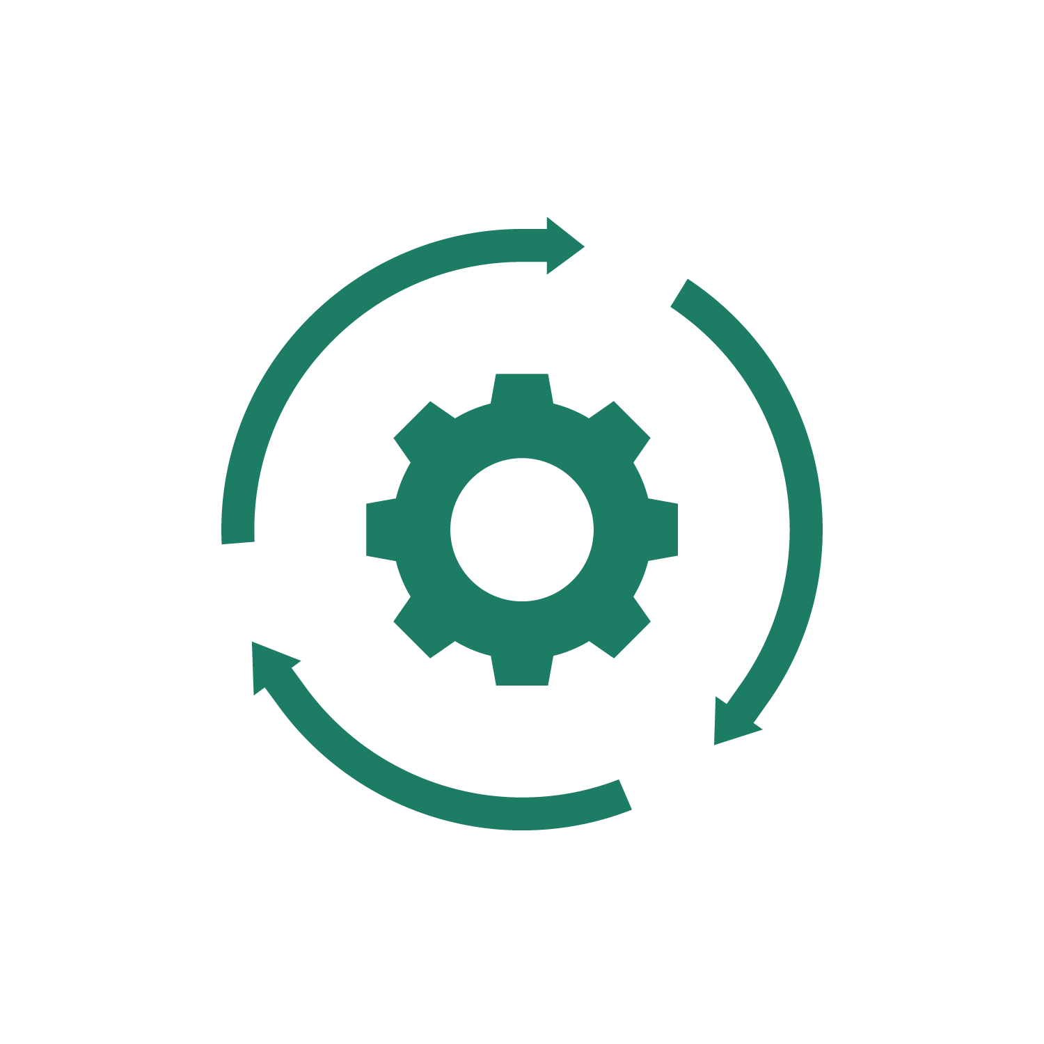 A graphic illustration showing a gear in the center with circular arrows around it, indicating a cycle or process.