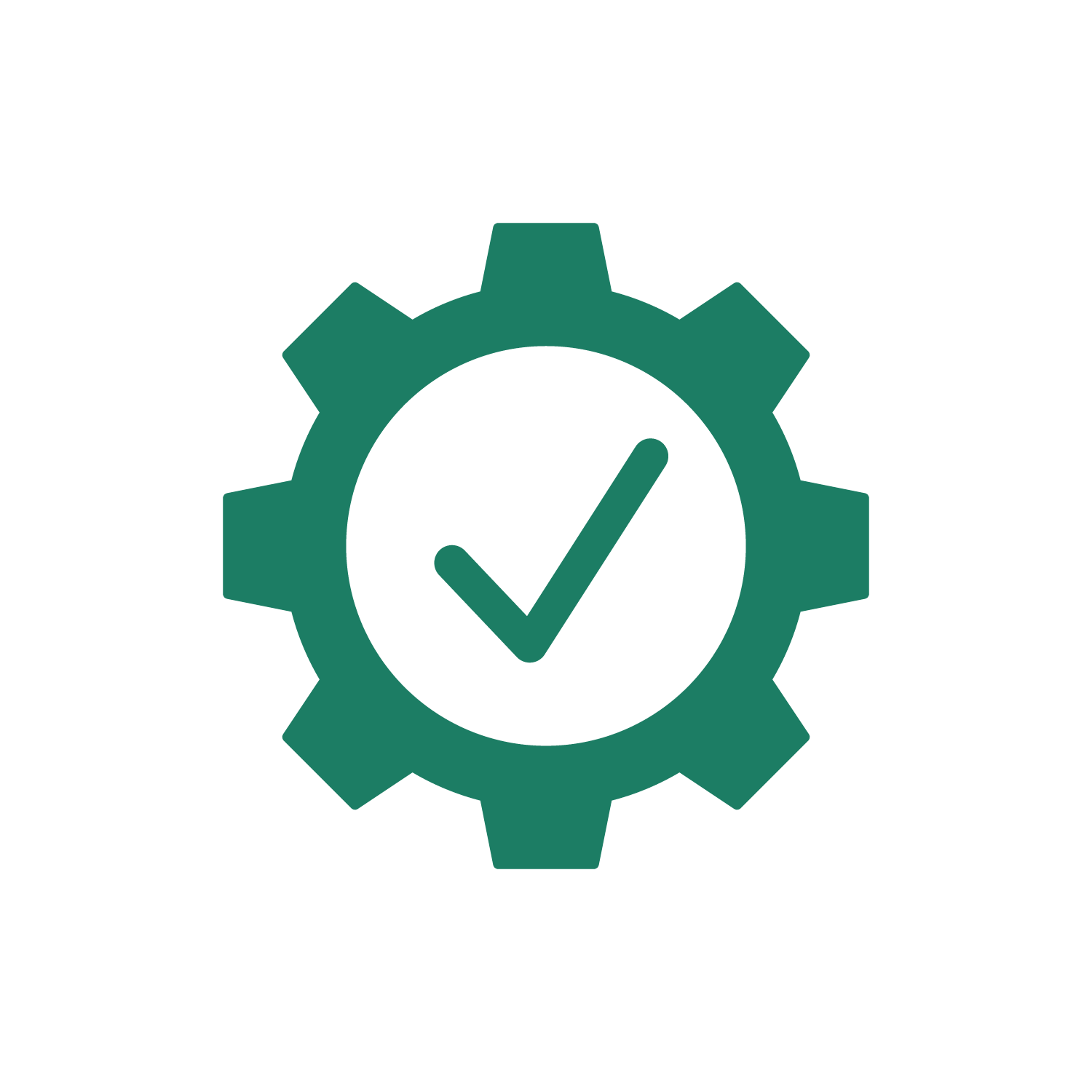 Gear icon with a check mark inside it, symbolizing settings, approval, or successful completion.