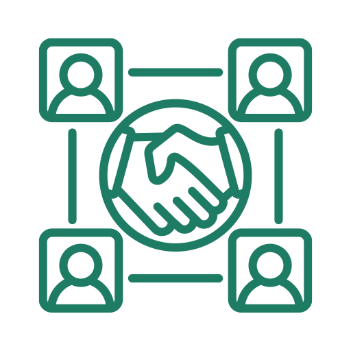 Icon of four people connected around a globe with a handshake in the center, symbolizing global teamwork or partnership.