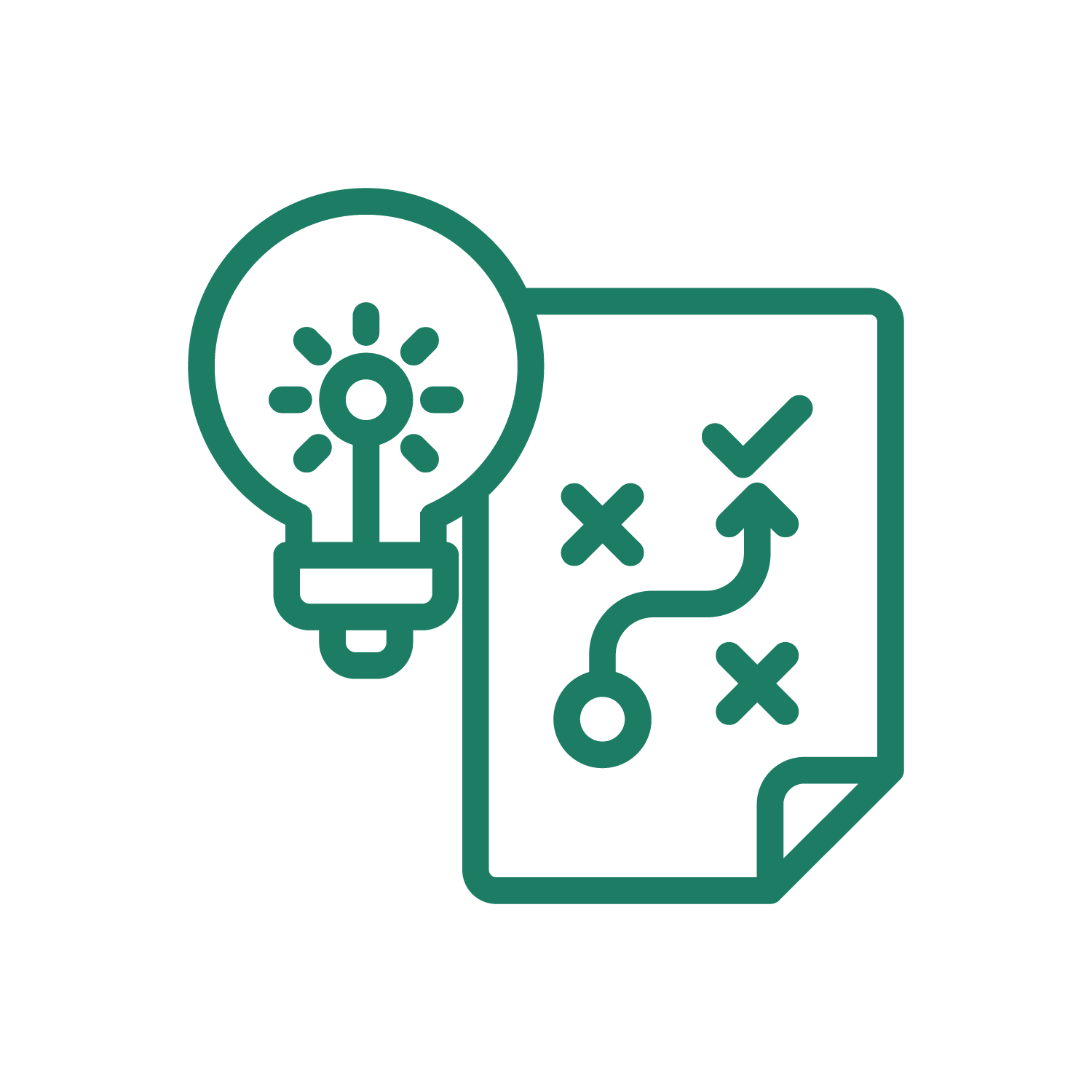 A line drawing of a lightbulb with a sun inside it, next to a piece of paper with a plan or strategy diagram, including a path with X's and a check mark.