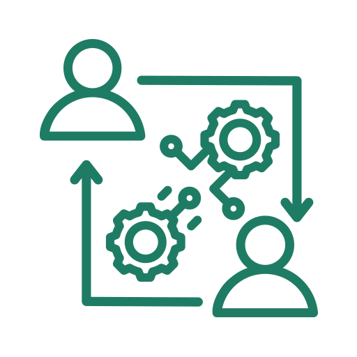 Icon representing user connection or collaboration with gears and arrows.