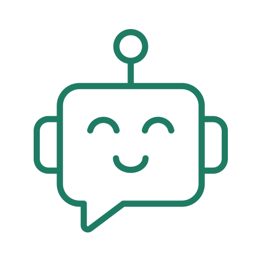 Line drawing of a robot with a smiling face inside a speech bubble.