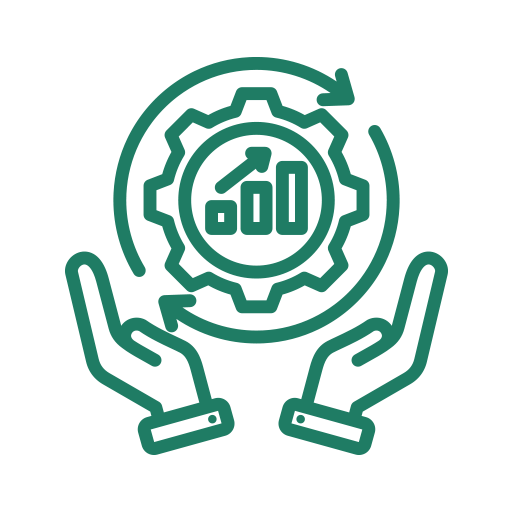 Illustration of two hands holding a gear with a bar graph inside, surrounded by circular arrows indicating process or growth.