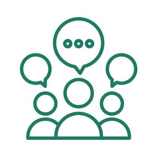 Icon of three people with speech bubbles indicating conversation or communication.