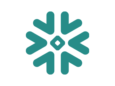 A symmetrical blue snowflake icon with a central diamond shape and six branches.