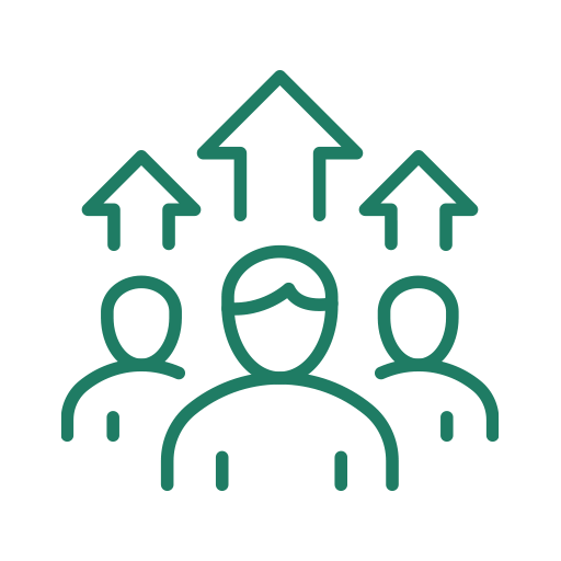 Icon of three people with upward arrows above them, indicating growth or progress.