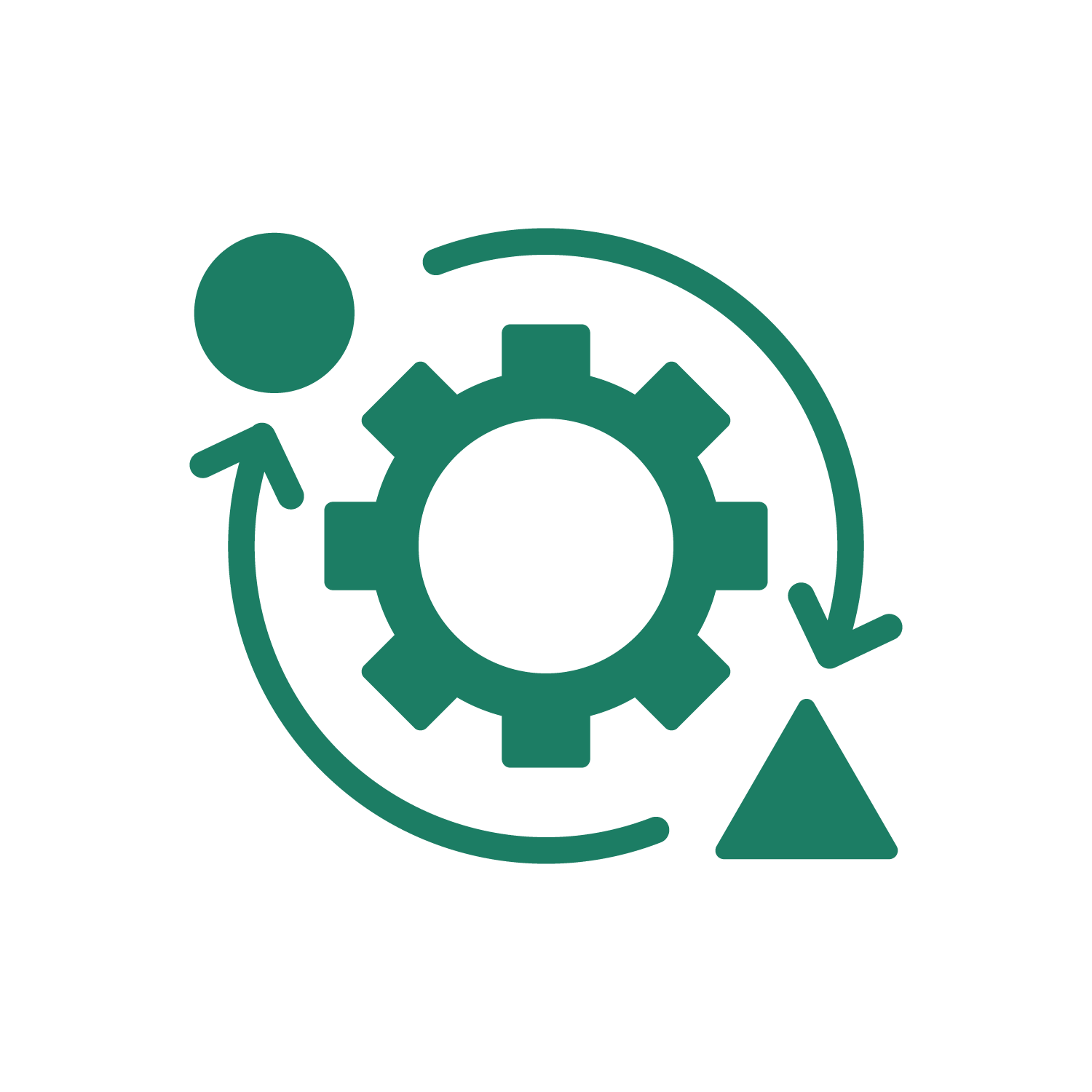 Icon representing continuous improvement or process optimization with a gear, circular arrows, a person figure, and arrows indicating flow or cycle.
