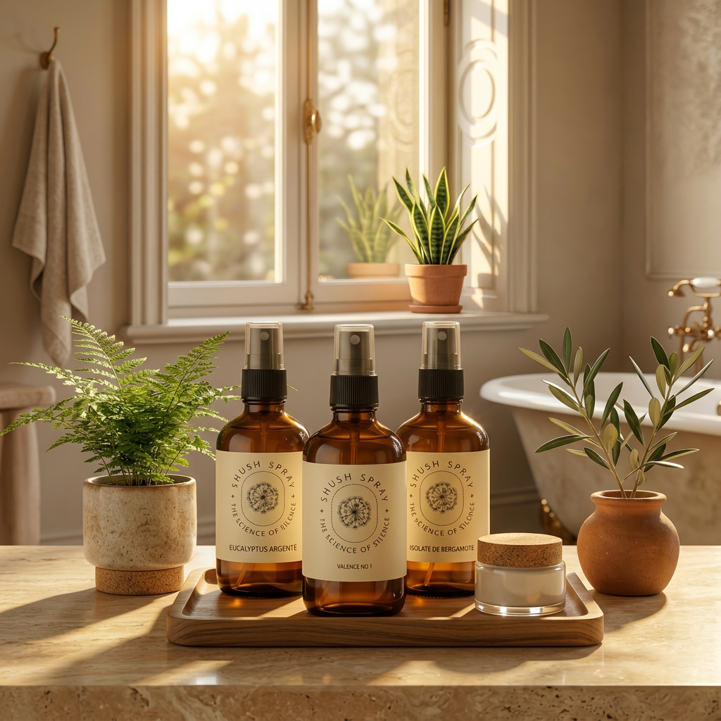 Three amber spray bottles labeled 'Shush Spray' with scents eucalyptus, bergamot, and valencia, placed on a wooden tray alongside a small jar and two potted plants, in front of a window with sunlight streaming in.