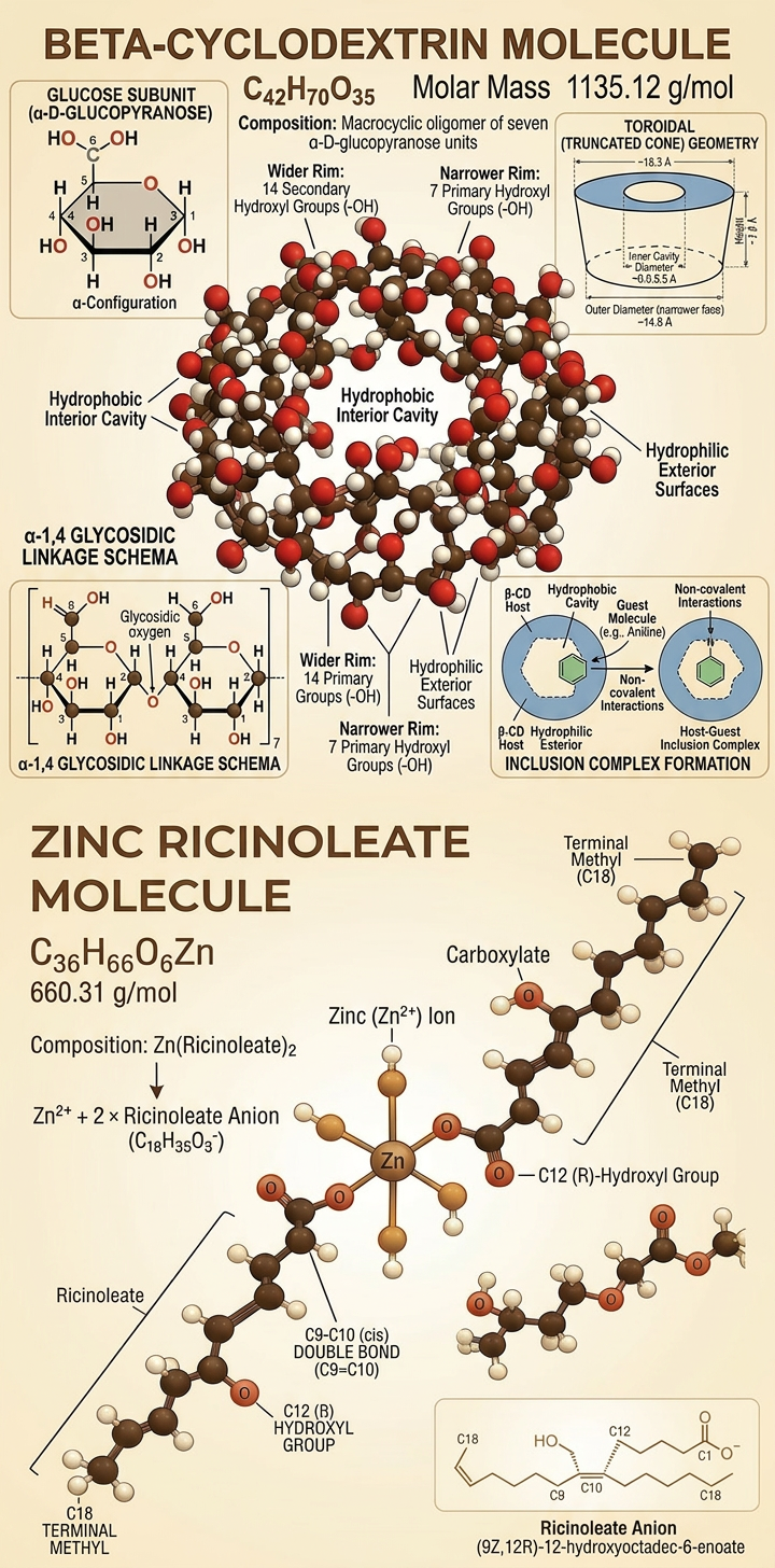 Infographic displaying the molecular structures and diagrams of Beta-Cyclodextrin and Zinc Riniolate molecules, highlighting their composition, geometric features, and bonding details.