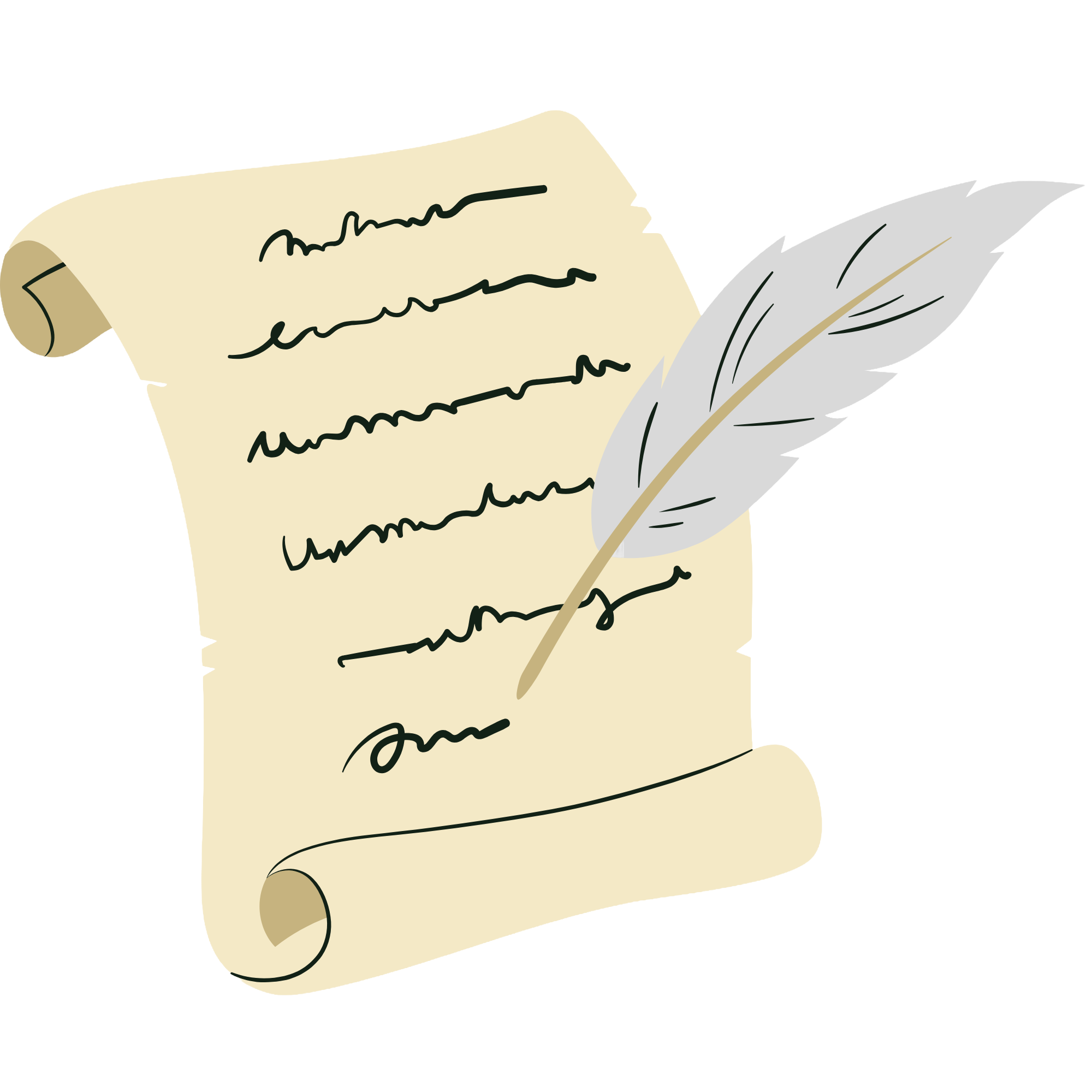 An illustrated old parchment scroll with handwritten text and a feather quill pen resting on it.