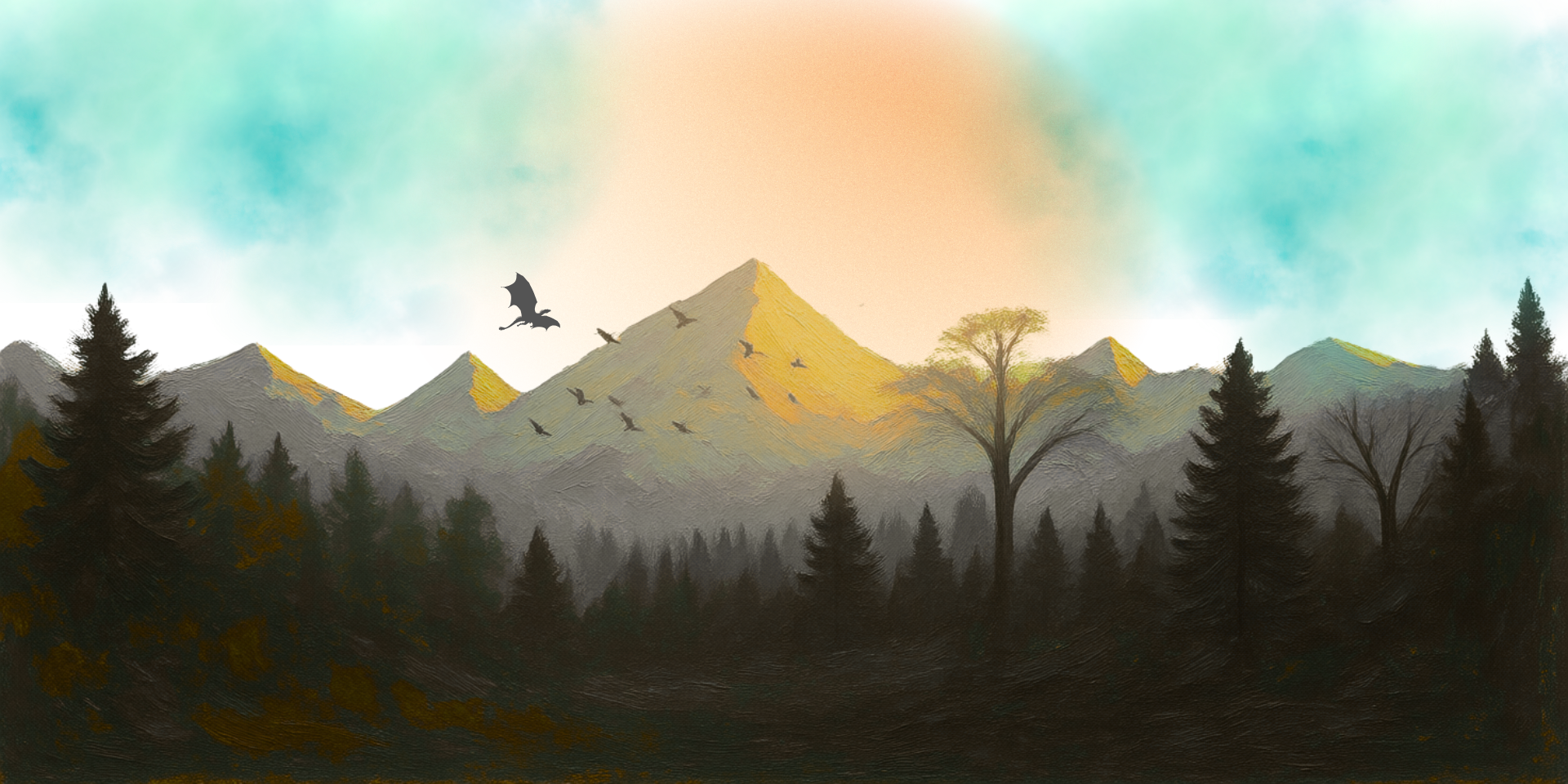 A painting of a mountain landscape with pine trees in the foreground, distant mountains, and a partly cloudy sky with a group of flying birds and a dragon.