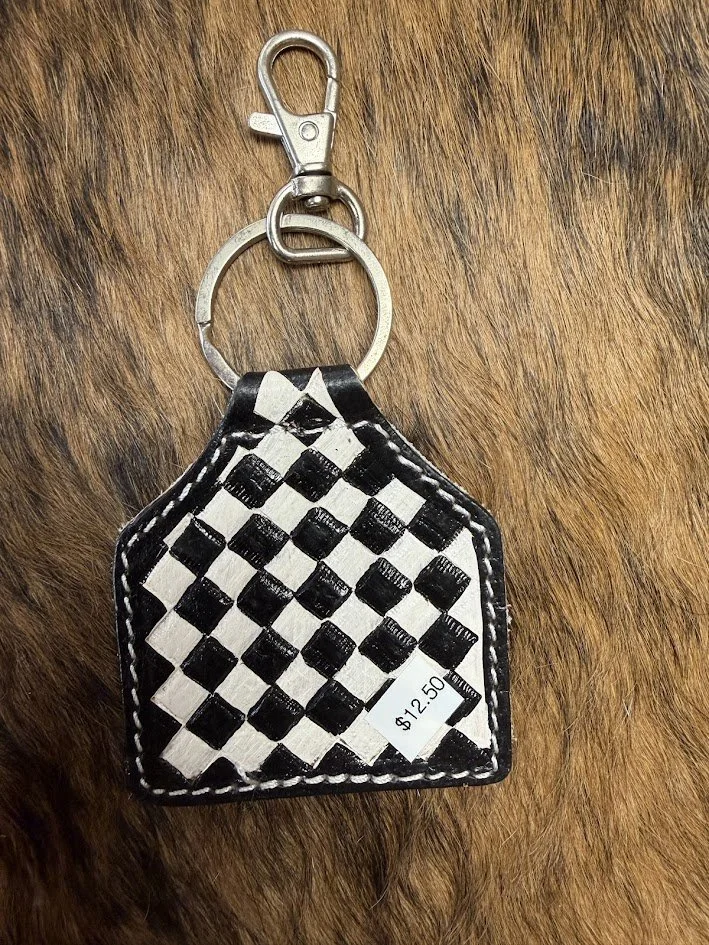 Black Checkered Tooled Leather Keychain