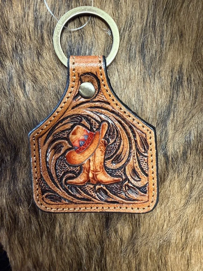 Boot Tooled Leather & Cowhide Keychain