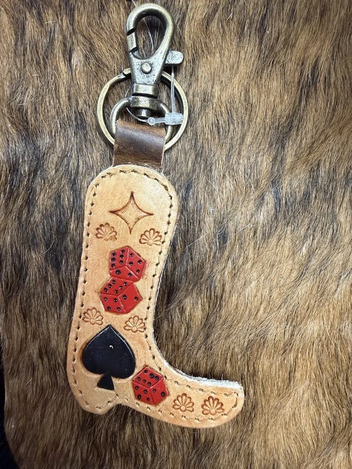 Spades Tooled Leather & Cowhide Keyring