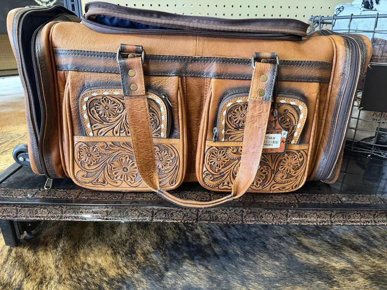 Floral Tooled Leather Rolling Duffle Bag-wheels
