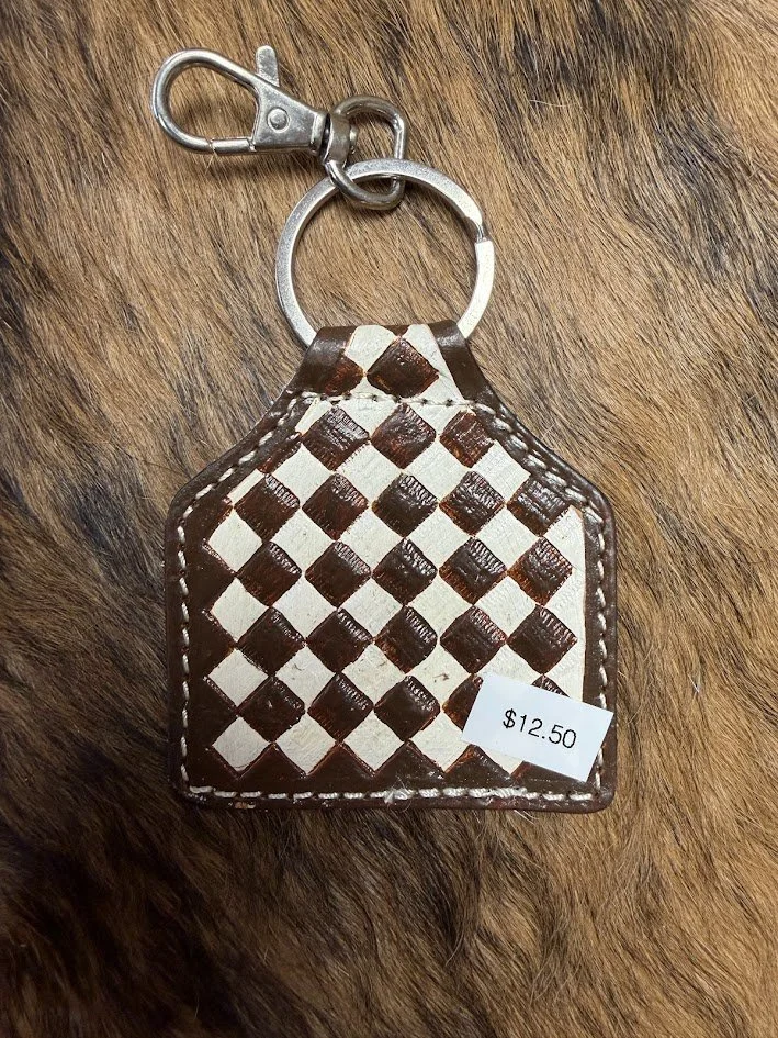 Brown Checkered Tooled Leather Keychain