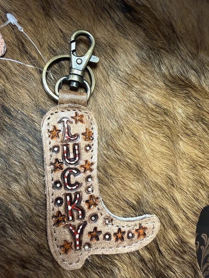 Lucky Tooled Leather & Cowhide Keyring