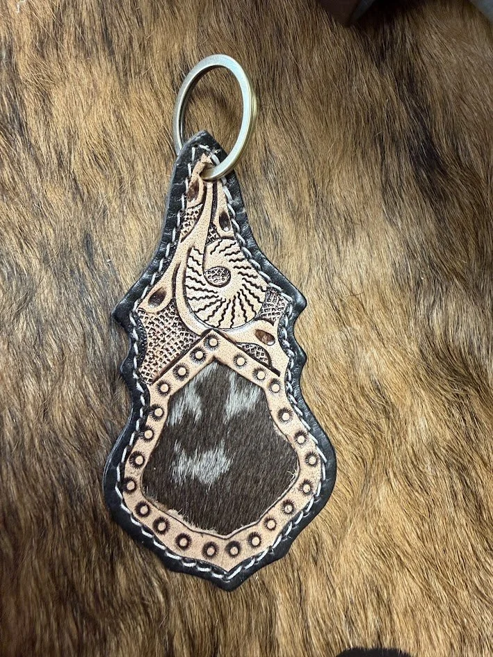 Tooled Leather & Cowhide Keychain