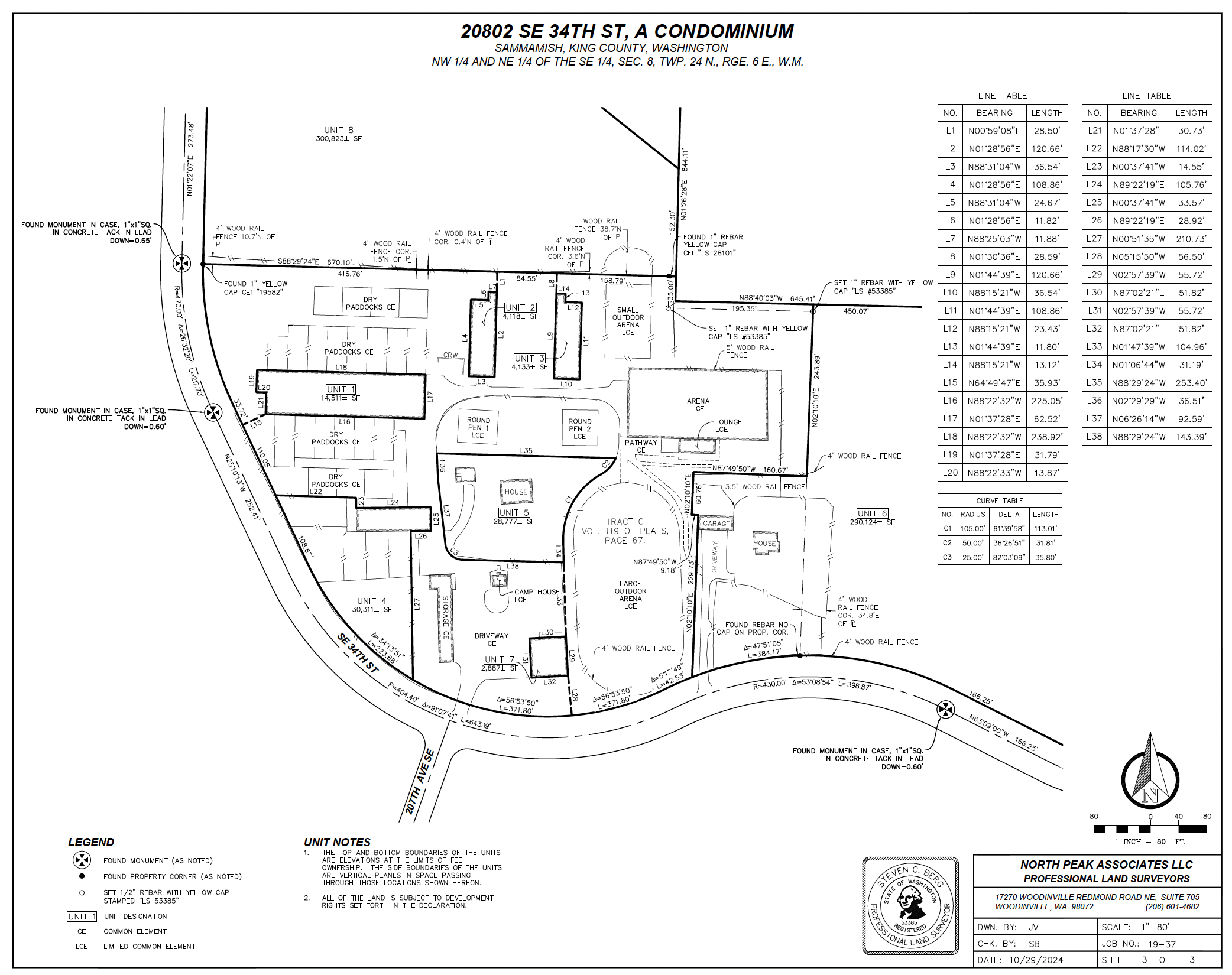 Architectural site plan for a condominium development at 28002 SE 34th St, Sammamish, Washington. Includes property boundaries, building units, roads, fences, outdoor areas, and a legend with measurements and symbols.