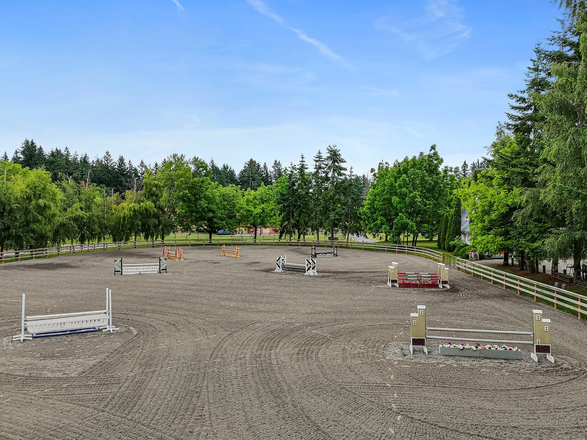 An outdoor riding arena with several show jumping obstacles set up, surrounded by green trees and a wooden fence, under a clear blue sky.