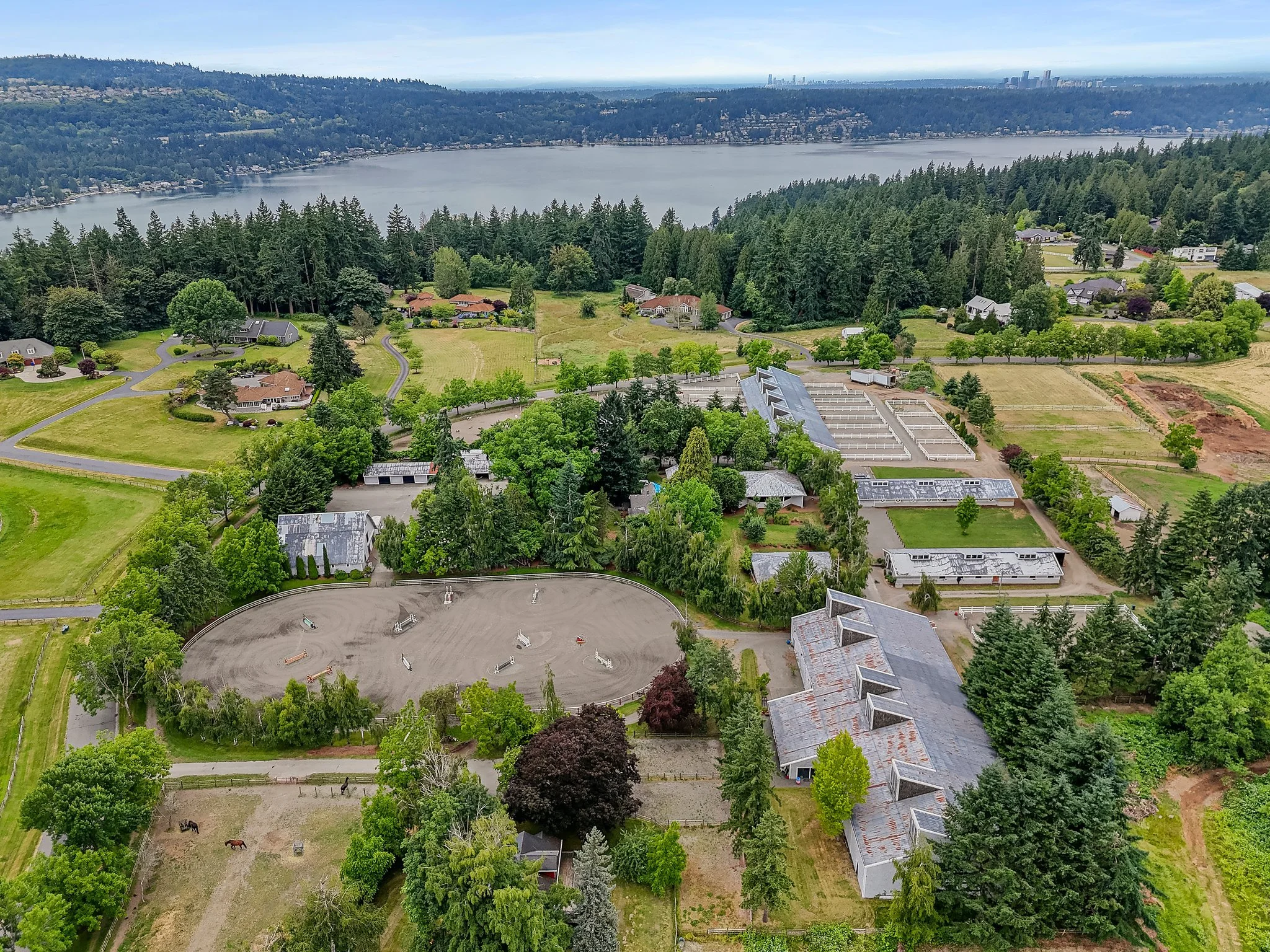 Aerial view of a dog training or riding arena surrounded by houses, trees, and green fields, with a large body of water and city skyline in the background.