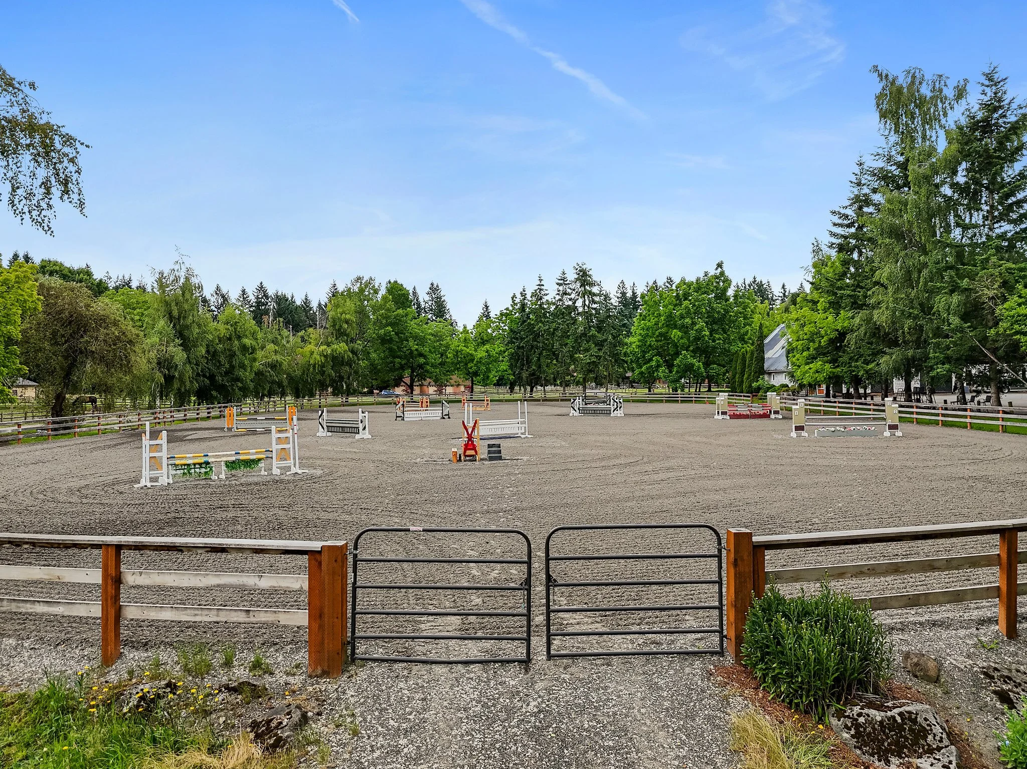 An outdoor horse riding arena with jump obstacles, surrounded by trees and a wooden fence, under a clear blue sky.