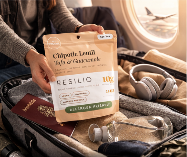 Resilio Provisions Chipotle Lentil Tofu & Guacamole meal packed for travel