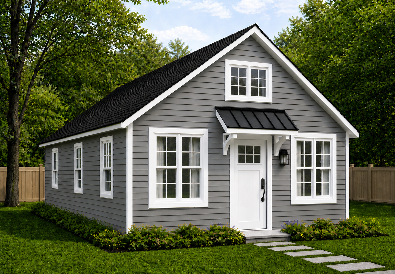 Gray house with white trim, black roof, and three windows on each side, a small porch with steps, a black lantern outdoor light, and steps leading up to the front door, surrounded by trees and a wooden fence.