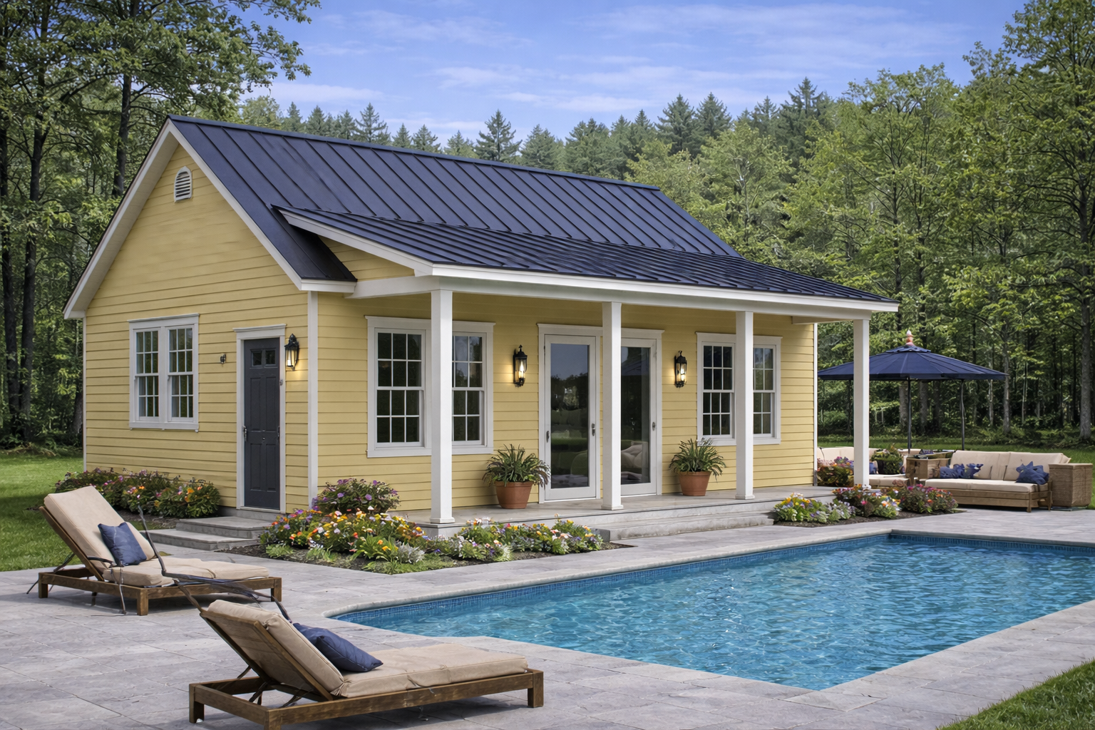 yellow pool house with covered patio