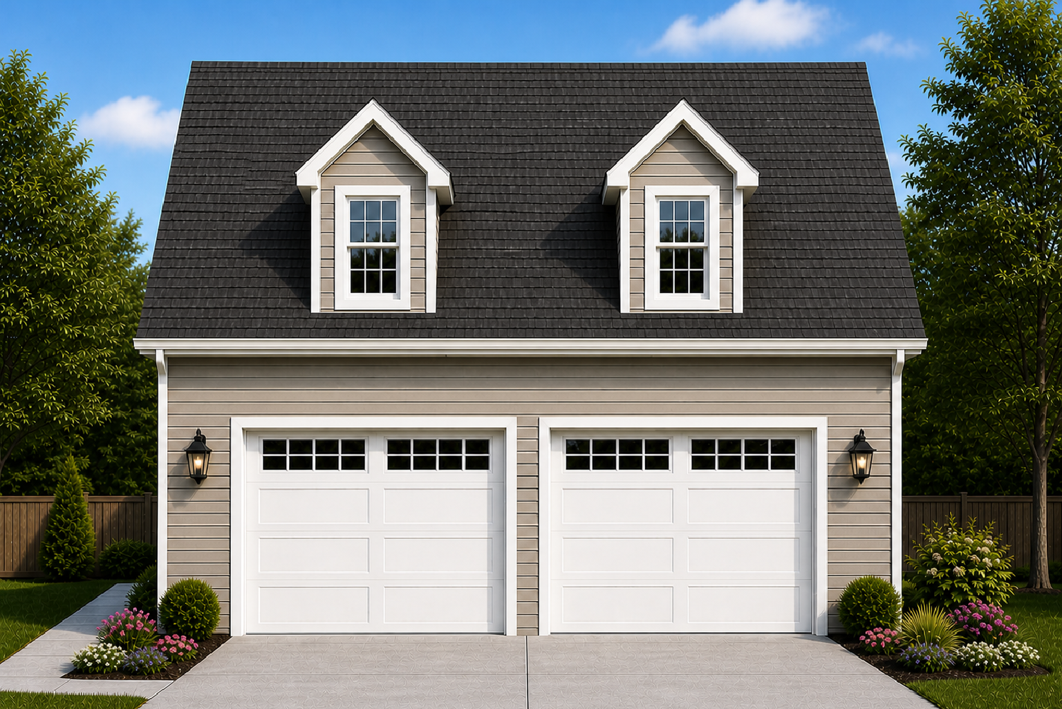 A modern two-story house with beige siding, two white garage doors with small windows, two dormer windows with shutters on the roof, outdoor wall lights, a concrete driveway, and landscaped garden with plants, trees, and flowers.