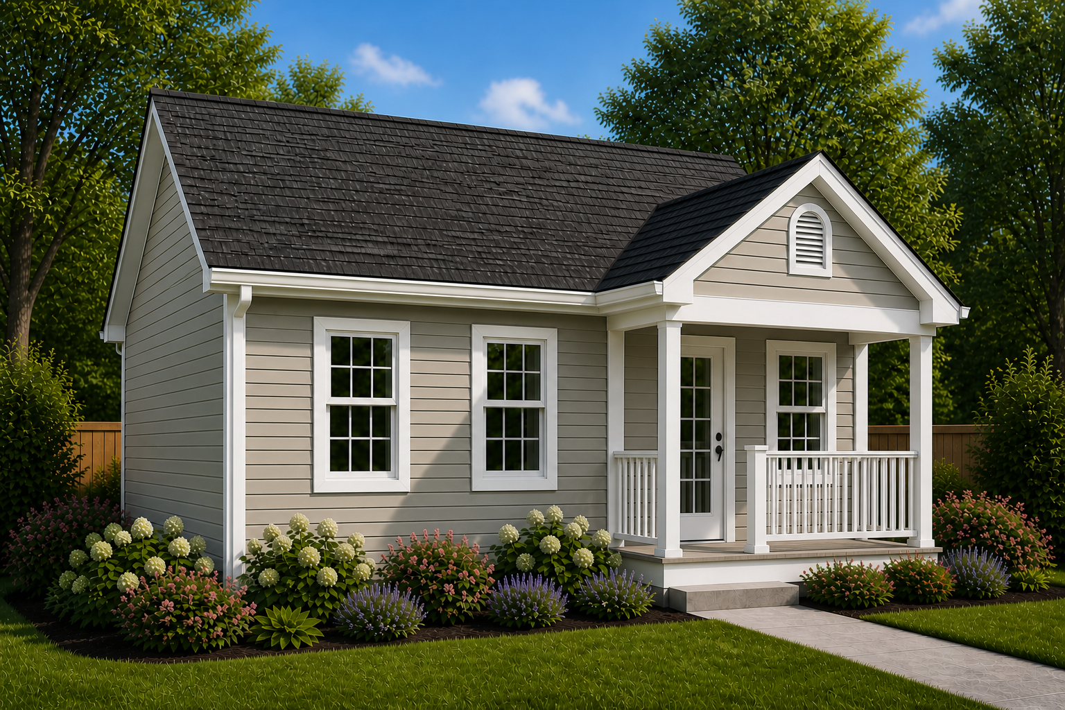 A small suburban house with beige siding, white trim, and a dark shingled roof, surrounded by landscaped garden with flowering bushes and a concrete walkway leading to the front porch, with trees and blue sky in the background.