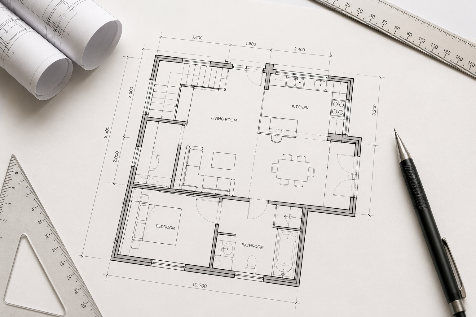 A detailed architectural floor plan for a house, showing room layouts, dimensions, and furniture placement, with drafting tools around it.