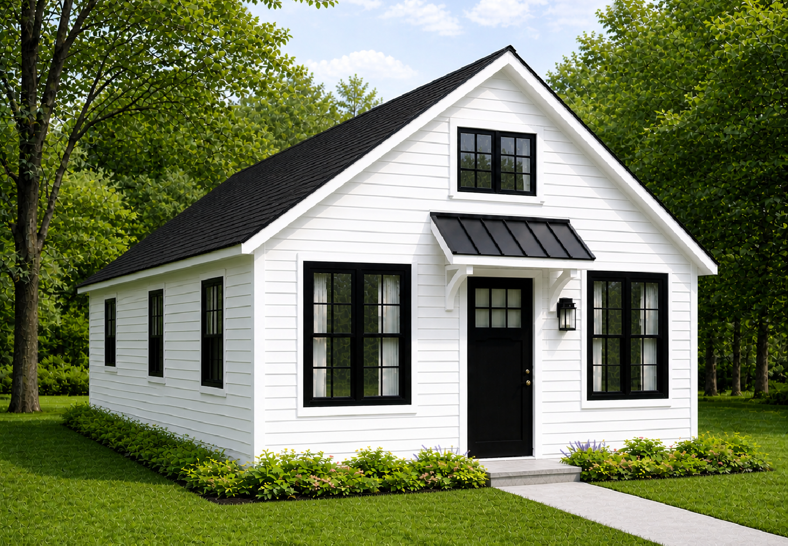 A small white house with black window frames, black front door, black roof, and a black overhang above the door. The house has a front step, a small garden with green plants and purple flowers, and is surrounded by green grass and trees.