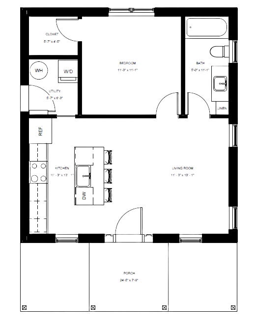 1 bedroom adu floor plan with kitchen island and laundry room