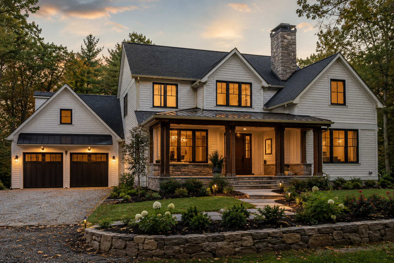 Large white house with black trim windows, stone fireplace, and front porch. Well-manicured lawn and garden with pathway and outdoor lighting. Trees in the background and sunset sky.