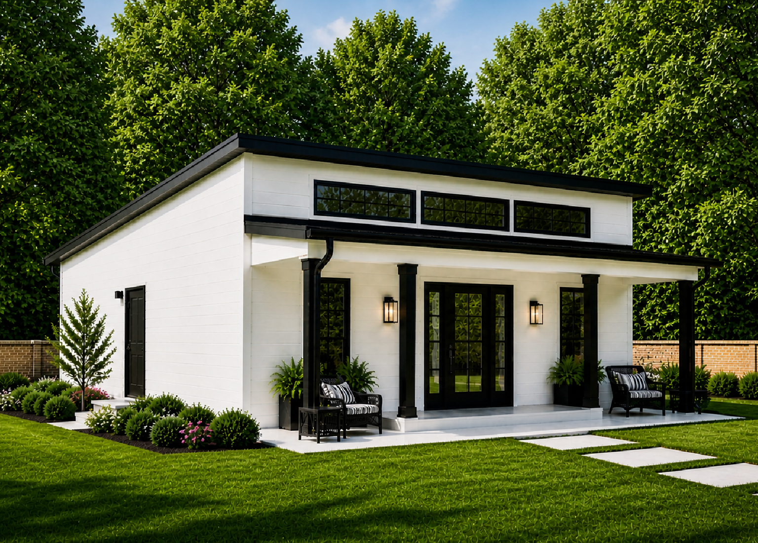 A modern white house with black accents, featuring a front porch with seating, surrounded by green lawn and plants, with tall trees in the background.