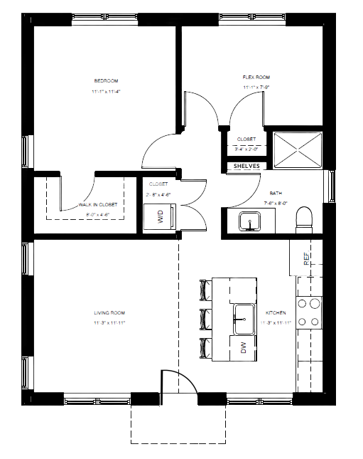 1 bedroom adu floor plan with bonus room and kitchen island