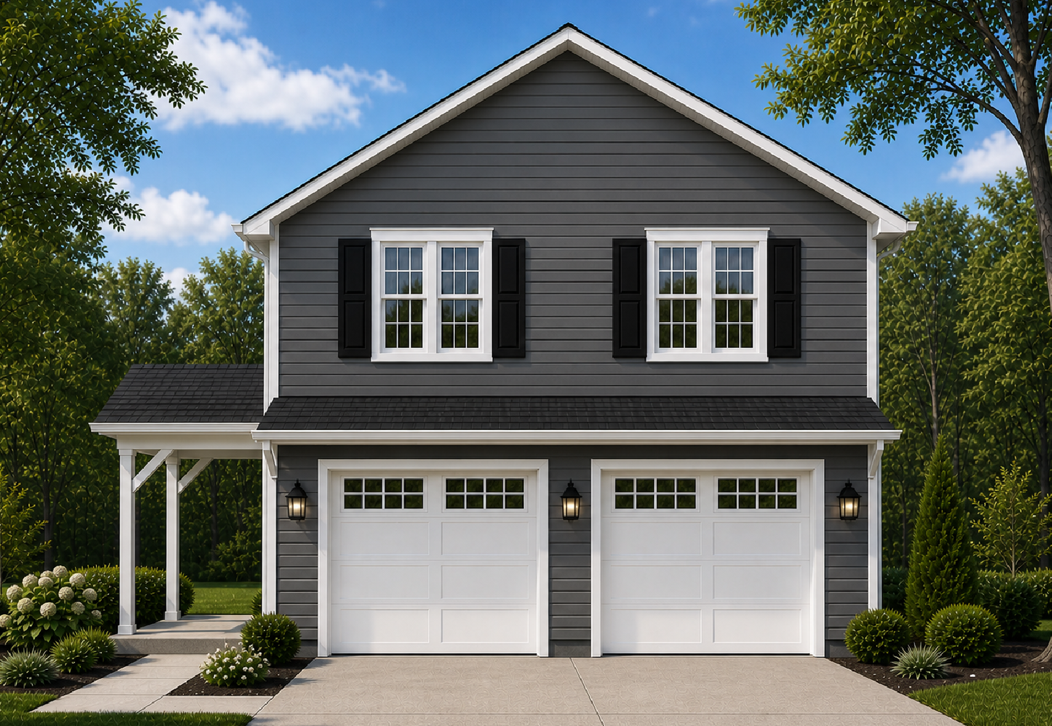 A two-story gray house with black shutters, white trim, and a two-car garage, surrounded by greenery and trees under a blue sky with scattered clouds.