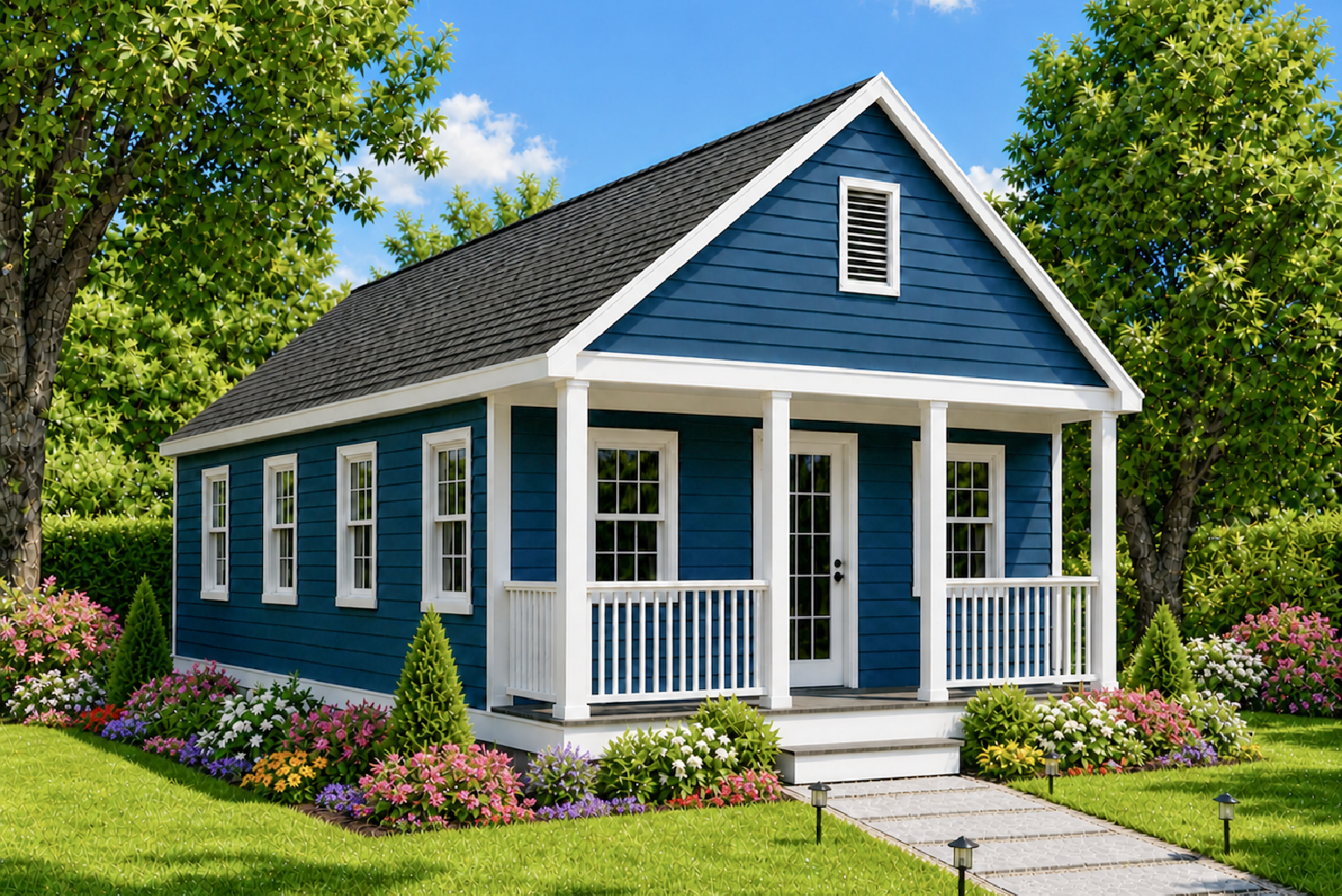 A small blue house with white trim, a front porch, and a sloped roof, surrounded by green grass, trees, and colorful flowers under a blue sky with clouds.