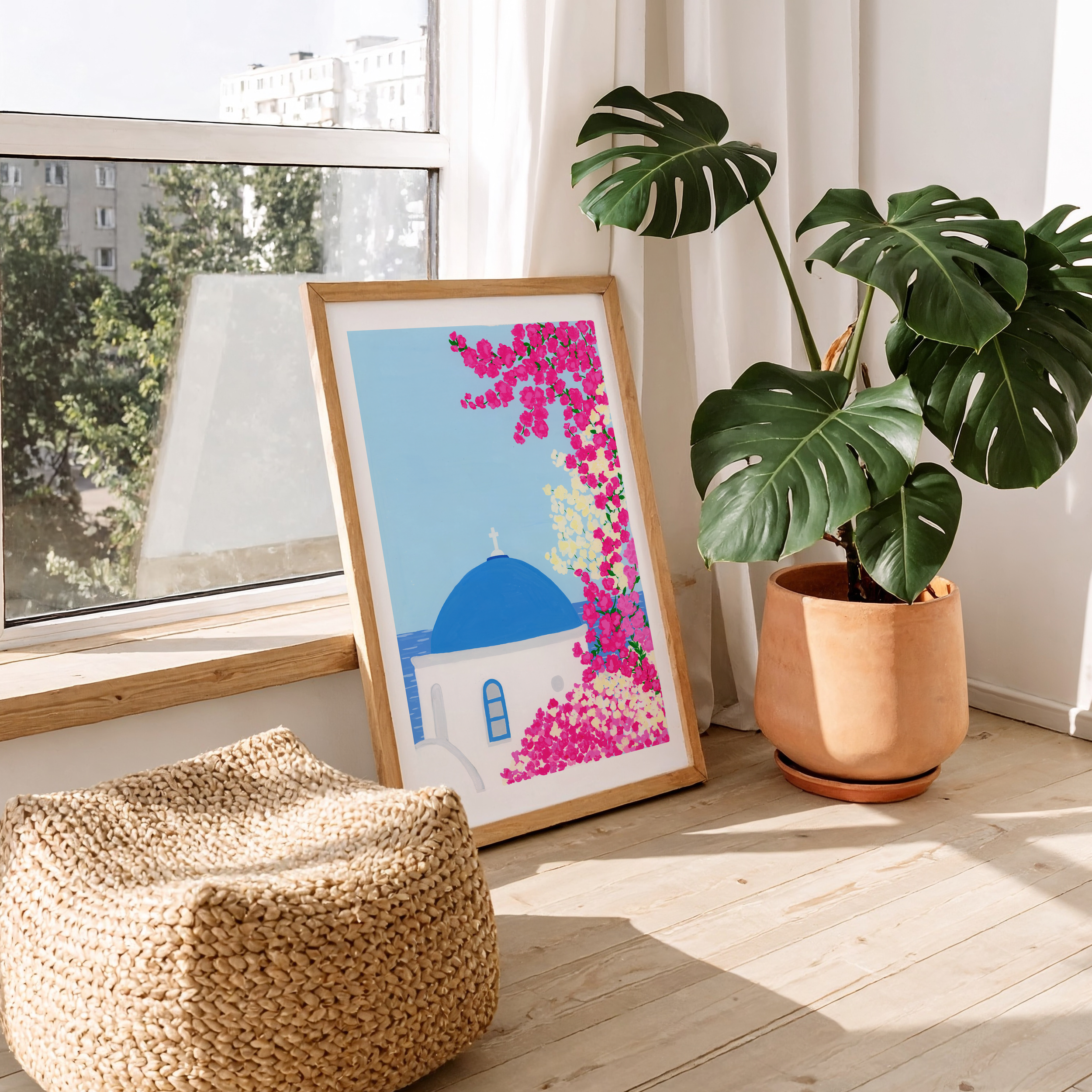 Art print of a Greek church with bougainvillea