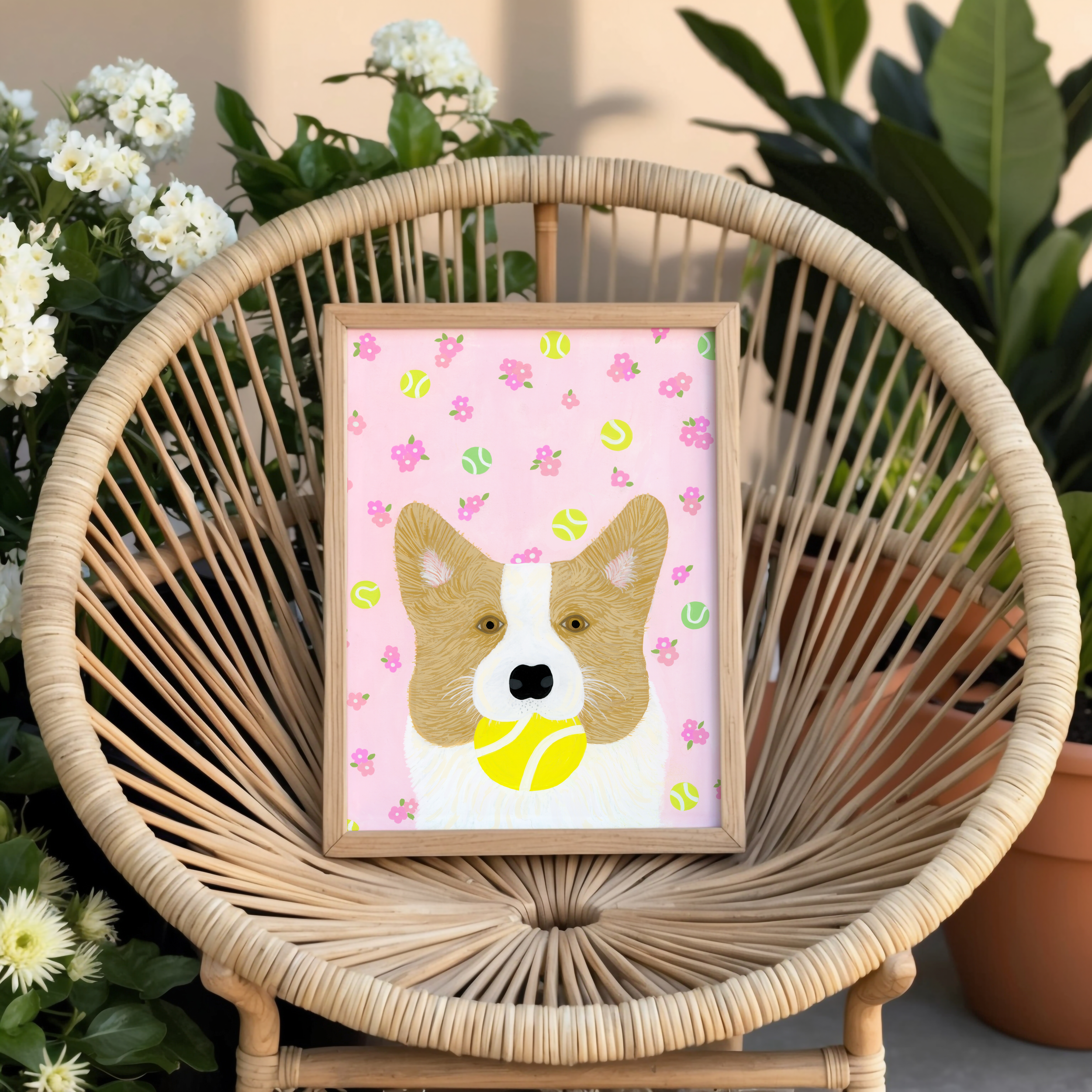 Corgi art print on a rattan wire chair